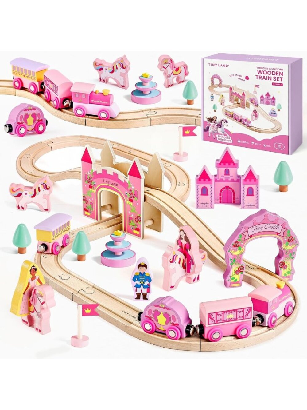 38PCS Unicorn Princess Wooden Train Set with Castle & Accessories, Pink Fantasy
